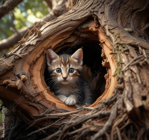 Kitten tucked into the warmth of its nesting site inside a hollow tree, nesting, snuggled, twiggy photo