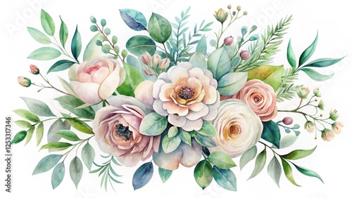 An Exquisite Watercolor Painting of a Lush Floral Arrangement Featuring Delicate Roses and Varied Greenery