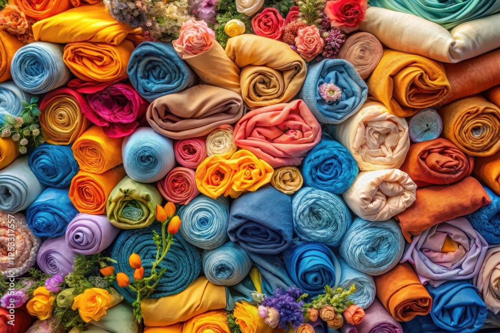 A vibrant collection of rolled fabrics in diverse colors and textures, adorned with delicate floral arrangements. A vibrant collection of rolled fabrics in diverse colors and textures, adorned with delicate floral arrangements.