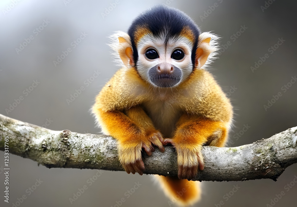 Obraz premium Curious Squirrel Monkey Perched on Rainforest Tree Branch Gazing at