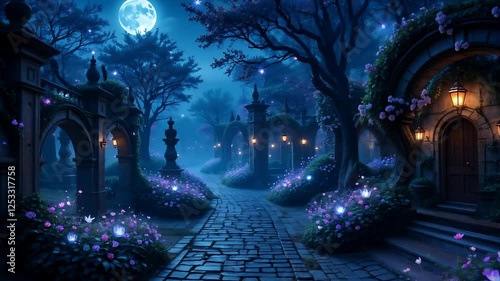 Mystical Moonlight Garden Path with Glowing Flowers and Enchanting Stone Arches