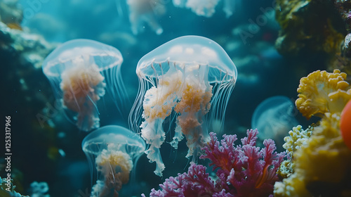 Mesmerizing Ethereal Jellyfish Floating in Vibrant Underwater Aquarium