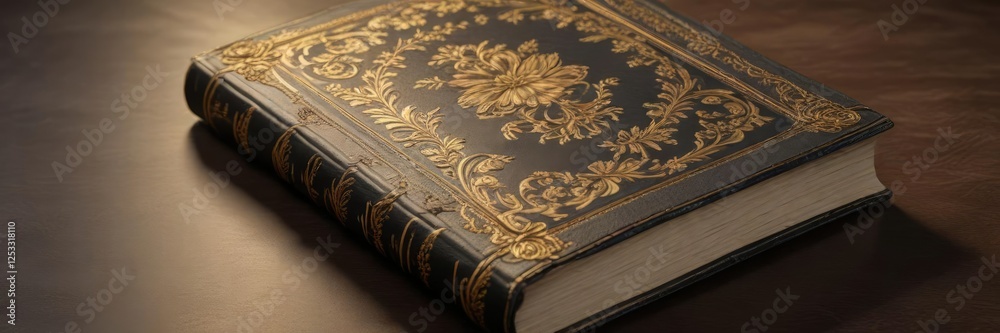 Fototapeta premium Leather-bound book with golden floral pattern, traditional craftsmanship, leather bound