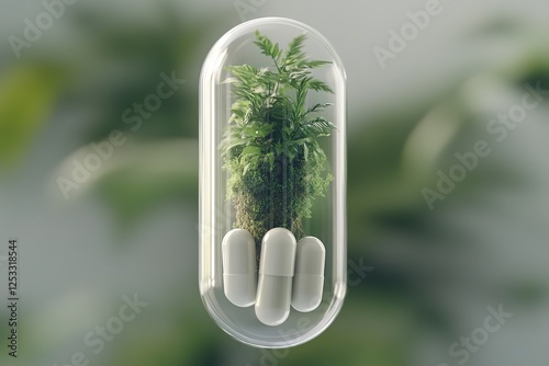 A translucent capsule hovers in mid-air, revealing a vibrant rainforest within. This encapsulation represents the essence of nature found in herbal medicine for health and vitality photo