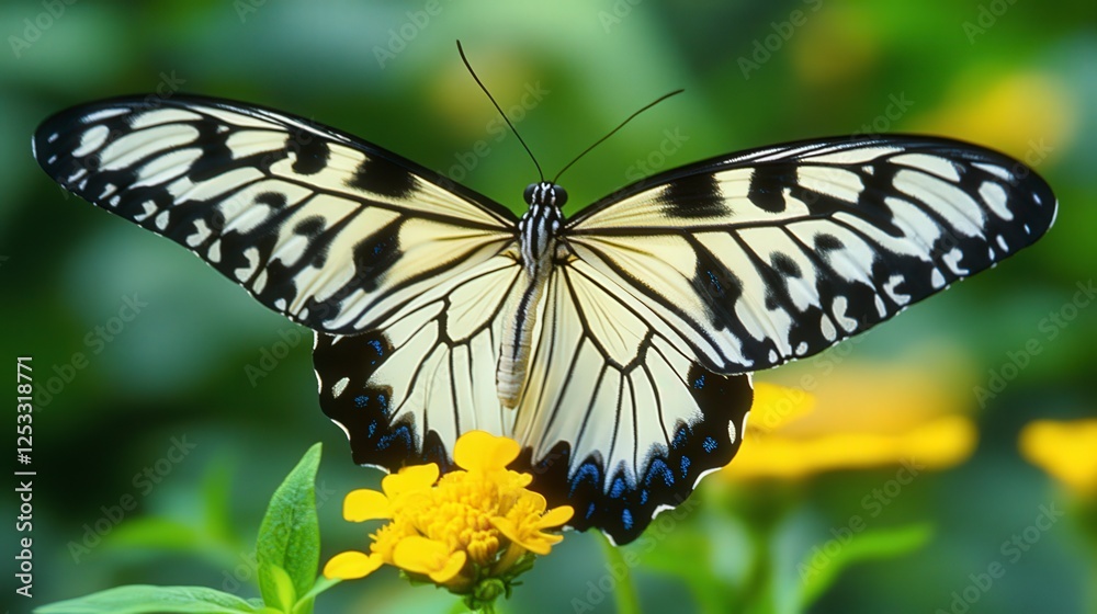 Naklejka premium Stunning Black and White Butterfly on Bright Yellow Flower Bloom