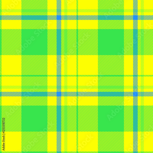 French seamless textile vector, finish fabric check texture. Famous background plaid tartan pattern in green and yellow colors.
