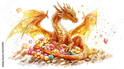 Golden dragon, curled around a treasure hoard, glowing gems, medieval fantasy, Watercolor