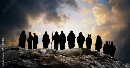 A group of the 12 Disciple Apostles of Jesus Christ are standing on a rock mountain for a biblical christian message about faith and religion generated with AI from one of my own photos.