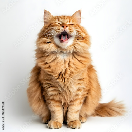 Cheerful Ginger Cat Laughing Playfully Against Solid White Background