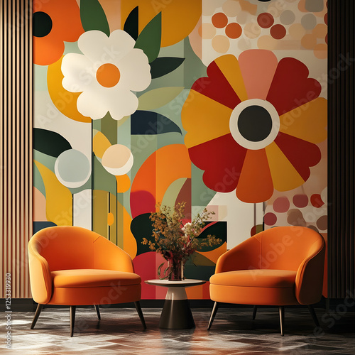 Bold and Vibrant Floral Abstract Wallpaper Design with Geometric Shapes and Orange Armchairs
