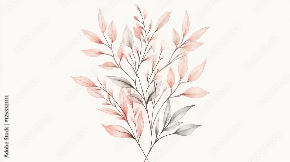 Fototapeta premium Pastel pink and gray leaves bouquet, white background, botanical illustration, wedding invitation