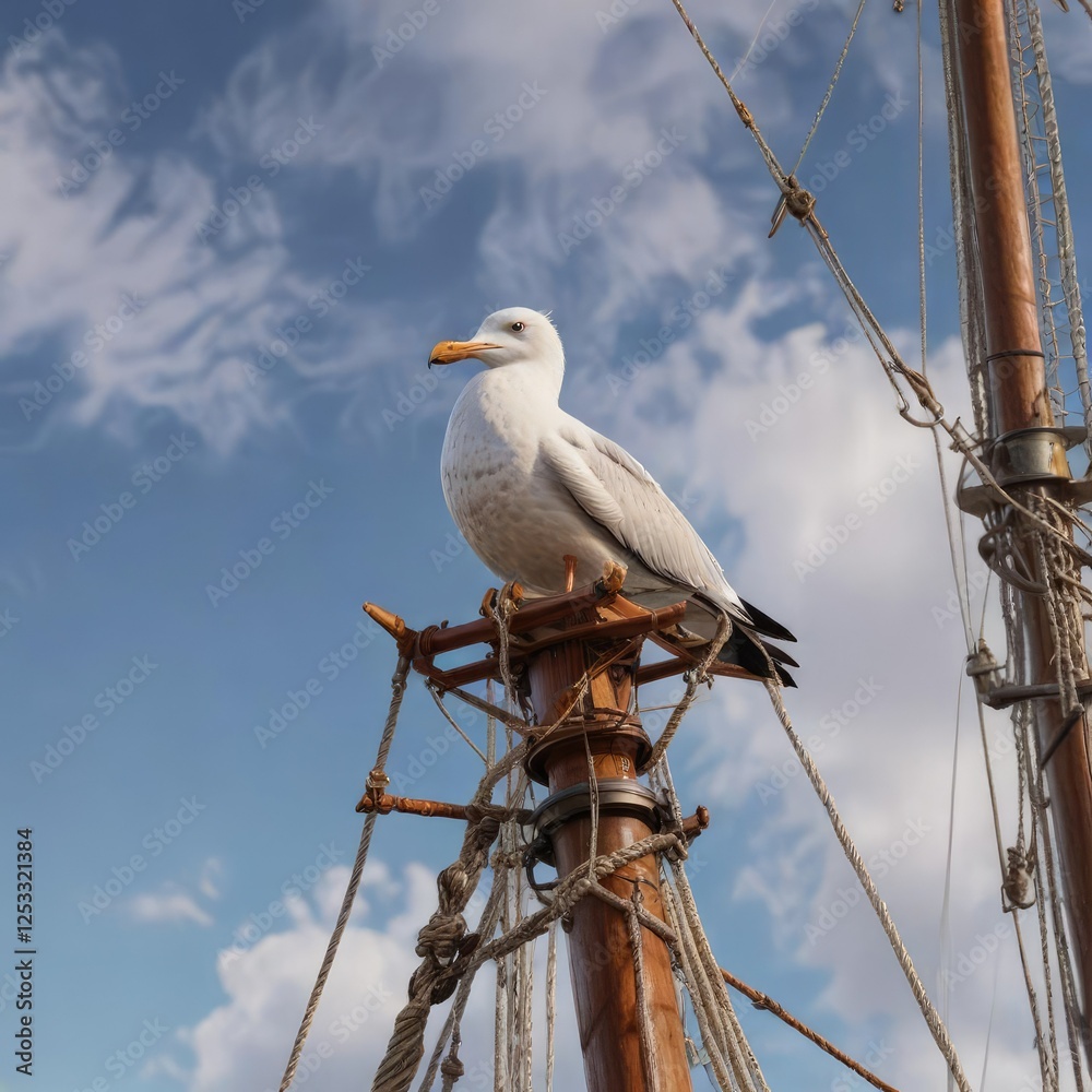 Majestic seagull soars atop sailing vessel mast, shore, waves Majestic seagull soars atop sailing vessel mast, shore, waves