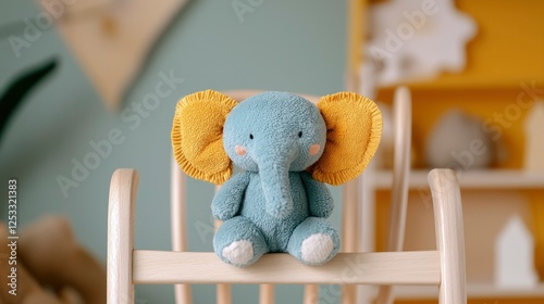 Cute stuffed elephant toy on wooden chair in kids room photo