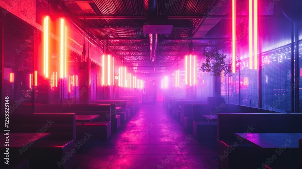 Neon-lit restaurant interior, empty, futuristic, background use Neon-lit restaurant interior, empty, futuristic, background use