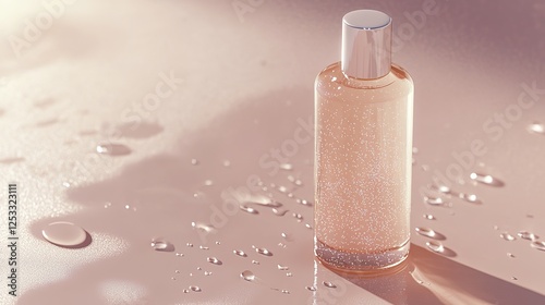 Glowing skincare bottle with water droplets, symbolizing purity and rejuvenation in spa-inspired self-care.