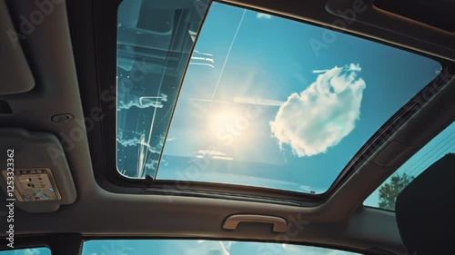 View through a car sunroof showcasing a bright sky with clouds and sunlight.