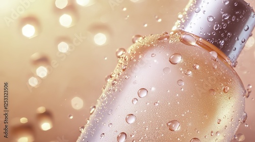 Glowing skincare bottle with water droplets, symbolizing purity and rejuvenation in spa-inspired self-care.