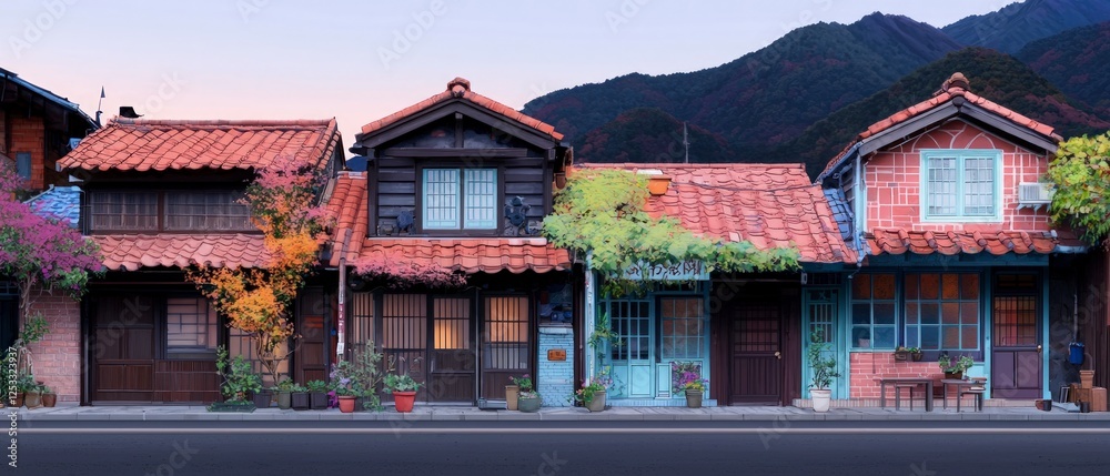 Fototapeta premium Row of Houses in Mountain Village at Dusk