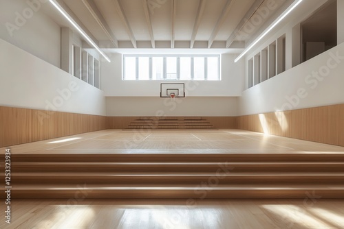 Modern Indoor Basketball Court with Wooden Bleachers .