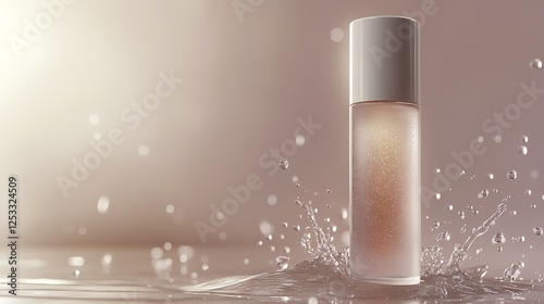 Glowing skincare bottle with water droplets, symbolizing purity and rejuvenation in spa-inspired self-care.