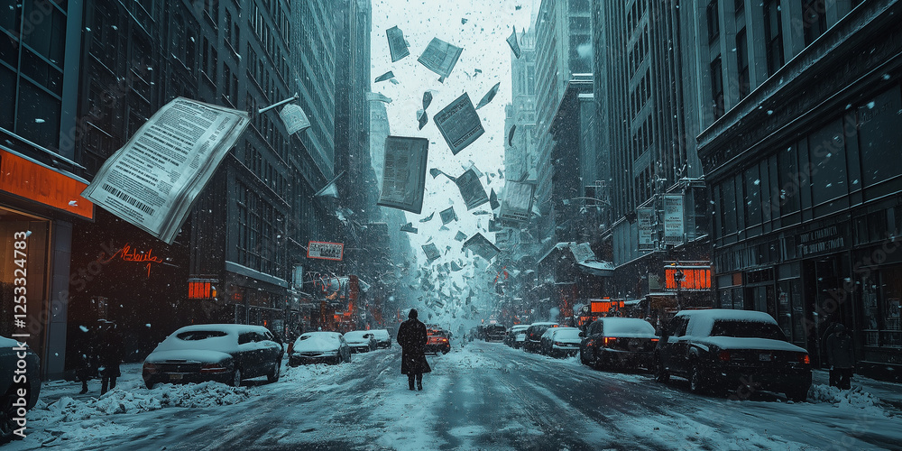 Fototapeta premium Mysterious snowstorm unleashes books in abandoned city streets urban landscape surreal scene winter wonderland aesthetic perspective