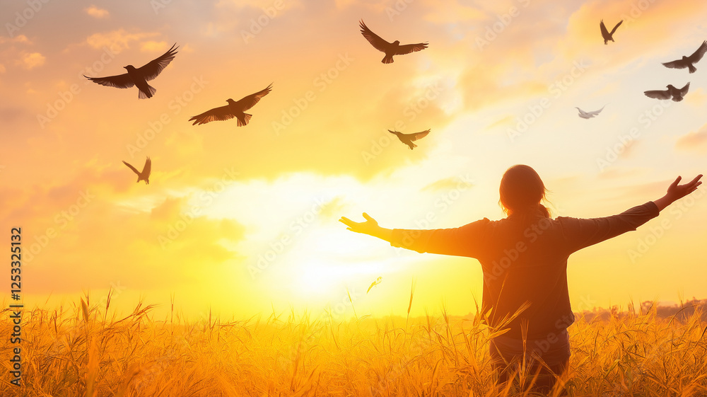 woman with open arms stands in golden field at sunset, surrounded by flying birds. scene evokes sense of freedom and connection with nature woman with open arms stands in golden field at sunset, surrounded by flying birds. scene evokes sense of freedom and connection with nature