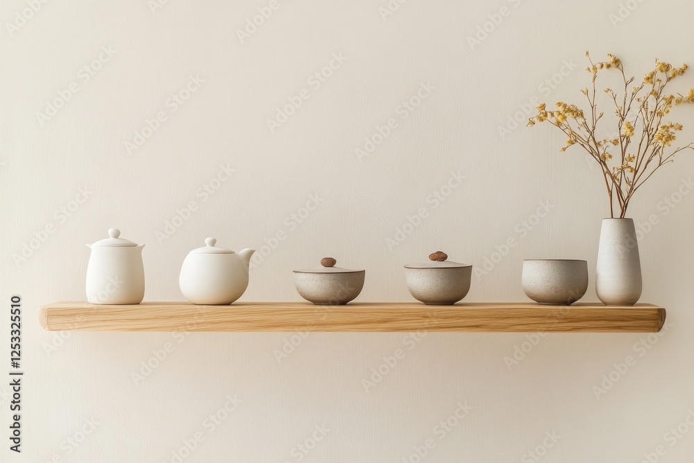 Elegant minimalist shelf display featuring ceramic teapots and vases in a softly lit interior space Elegant minimalist shelf display featuring ceramic teapots and vases in a softly lit interior space