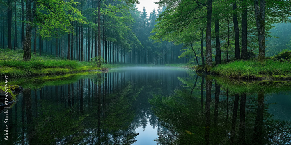 Serene misty forest reflection tranquil lake nature photography lush green environment peaceful viewpoint serenity concept for seo impact