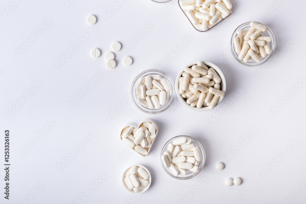 White pills and tablets in small plates on a white background, top view. Many vitamins, minerals and organic food supplements in forms of pills. Healthy lifestyle. White pills and tablets in small plates on a white background, top view. Many vitamins, minerals and organic food supplements in forms of pills. Healthy lifestyle.