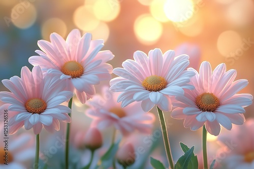 Soft pink daisies in warm sunlight Floral elegance and bright light creates a serene and beautiful scene Daisies in the morning light