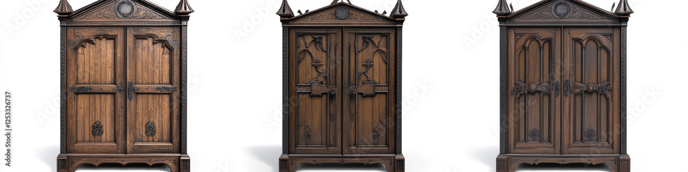 Medieval Gothic Wardrobe – Four Views of the Same Furniture Piece on White Background Medieval Gothic Wardrobe – Four Views of the Same Furniture Piece on White Background