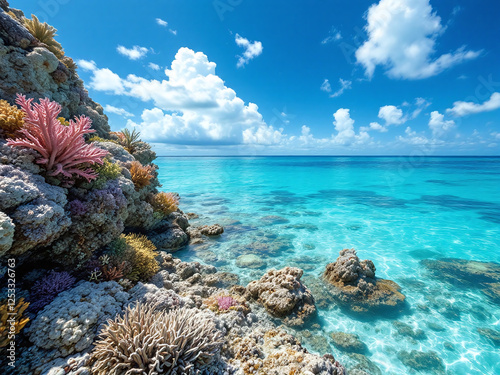 Tranquil landscape photo, uploaded as an AI-generated image. Turquoise ocean waves break over shallow, rocky outcrops near the shore under a partly cloudy sky.