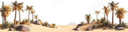 Cartoon-Style Arabian Desert Landscape with Palm Trees and Small Rocks on White Background