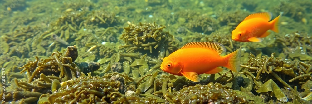 Orange fish grazing on seaweed in the shallow ocean, marine plants, seaweed, coral reef Orange fish grazing on seaweed in the shallow ocean, marine plants, seaweed, coral reef