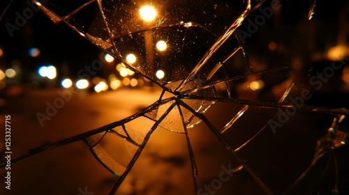Broken glass, city night lights, view through shattered window
