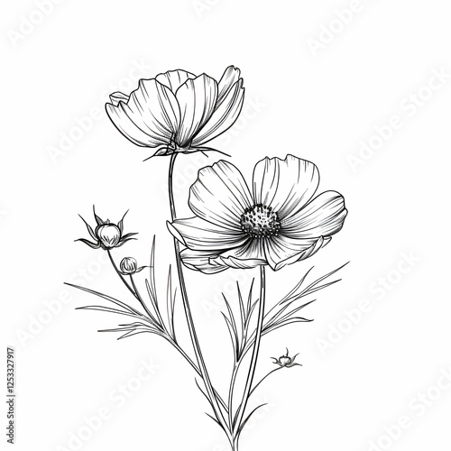 Cosmos Flowers Line Art. Black and White Botanical Illustration