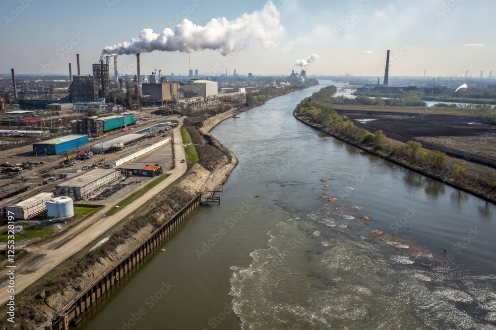 Overhead view of a polluted river with factories and smoke, industrial, rivers, chimneys, urban Overhead view of a polluted river with factories and smoke, industrial, rivers, chimneys, urban