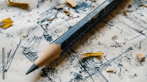 A dull pencil lies abandoned on a rough, torn sheet, scattered with ink stains and fragmented sketches, evoking a sense of creative disarray.