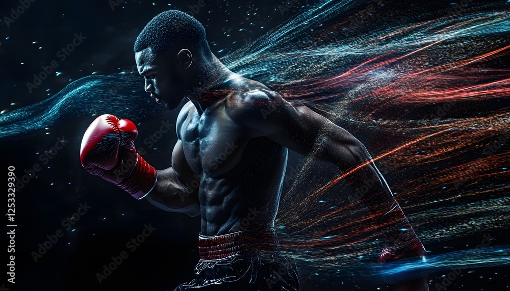 Obraz premium Dynamic Boxer in Motion with Colorful Energy Trails Effect