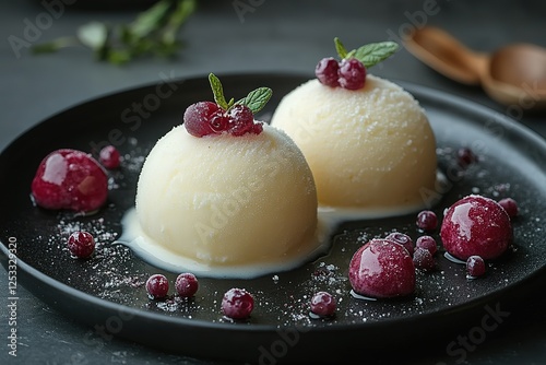 Delicate dessert domes artfully decorated with frosted berries and mint presented on a sleek black plate photo