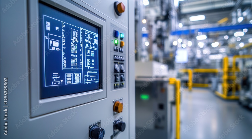 A modern control panel with an LED display in a factory hall, featuring a white color theme and an industrial design concept. A modern control panel with an LED display in a factory hall, featuring a white color theme and an industrial design concept.