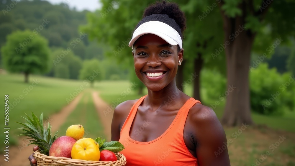 A middle-aged African American woman in excellent physical shape holds a basket of fruits and vegetables in her hands. The concept of a healthy lifestyle through proper nutrition and exercise A middle-aged African American woman in excellent physical shape holds a basket of fruits and vegetables in her hands. The concept of a healthy lifestyle through proper nutrition and exercise