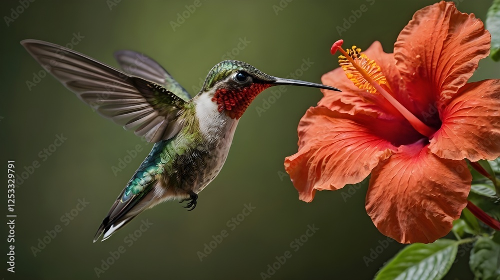 Fototapeta premium Vibrant hummingbird hovers gracefully near a striking red hibiscus, showcasing the beauty of nature 
