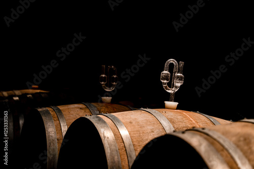 Immersion dans les caves d'une maison de Champagne. L'âme du vieillissement dans les caves Champenoises avec des tonneaux en chêne.