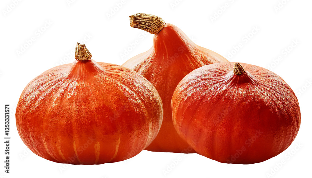 Obraz premium Frische Hokkaido-Kürbisse ausgeschnitten: Leuchtend orange, perfekte Herbsternte. Ideal für gesunde Ernährung, saisonale Rezepte und dekorative Zwecke