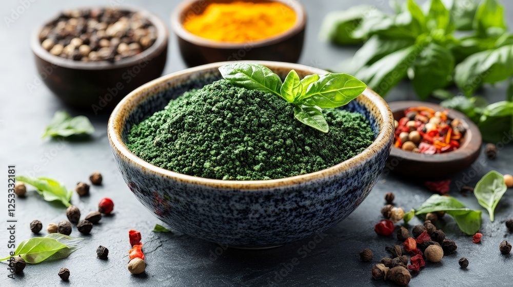 A vibrant display of spices and herbs in bowls, highlighting culinary ingredients.