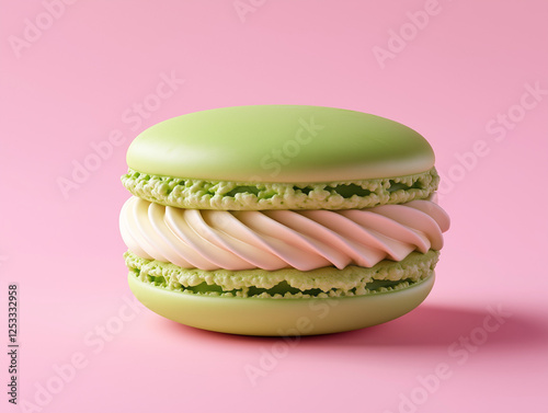 A thick, plump cream macaron with an pink background. Side view of a 3D composite object. The macaron has a vibrant green top and bottom, resembling matcha, with a thick, cream-colored swirl filling i photo