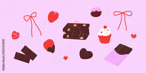 Valentine's Day Chocolates and Strawberries. Decorative Vector Illustration.
