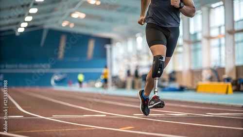 A determined athlete with a prosthetic leg sprinting on an indoor track. The image represents strength, determination, adaptive sports, and overcoming challenges through resilience and dedication. photo