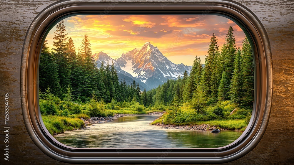Railway Journey Scenic Train Window Views by Breathtaking Mountain Landscapes Seen from a Train Window as Scenic view of mountains and forest at sunset. Railway Journey Scenic Train Window Views by Breathtaking Mountain Landscapes Seen from a Train Window as Scenic view of mountains and forest at sunset.